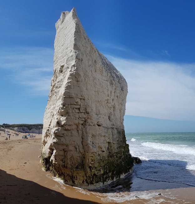 A coastal scene featuring rugged chalk cliffs on the right side, with layered, weathered rock formations extending into the sea. The shoreline below consists of a mixture of dark, wet rocks and small pebbles, with patches of white shell-like material scattered across the beach area. The tide is low, exposing a wide intertidal zone with reflections of the sky on tidal pools. In the foreground, two individuals sit on the pebbled beach, possibly observing the scenery or engaging in a conversation. The water appears calm, with gentle waves gently lapping against the rocks and shore. Overhead, the sky is clear, and the natural environment is illuminated by soft daylight, highlighting the textures of the cliffs and ocean surface. This scenic coastal landscape can be associated with remote or scenic locations suitable for home relocation or vacationing, like areas served by house removals or moving services, such as those offered by Man with Van Botany Bay.