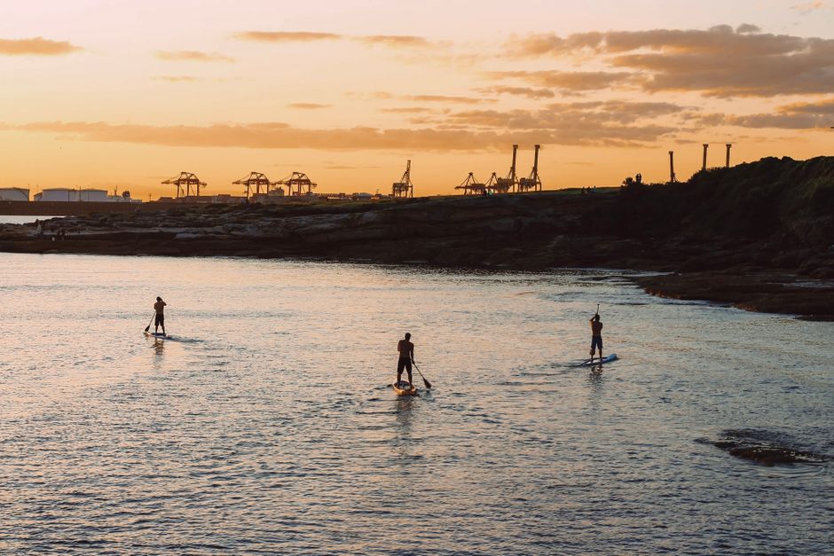 Three individuals are paddleboarding on calm water during sunset, with the sky displaying warm orange and yellow hues. They are standing upright on their paddleboards, each holding a paddle, and appear to be moving in the same direction. In the background, a coastline with dark rocks and gentle waves is visible, along with industrial cranes and structures silhouetted against the sky on the horizon, indicating a port or industrial area near the sea. The scene depicts outdoor recreational activity in a seaside setting, with natural lighting illuminating the water and sky. This image is associated with house removals and relocation services, illustrating the importance of logistics and transportation in moving processes, sometimes involving logistics planning around coastal or industrial areas, as managed by companies like Man with Van Botany Bay.